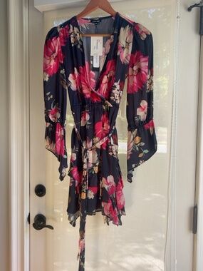 NWT Love Sam Painted Floral Mini Dress Black Multi XS $175